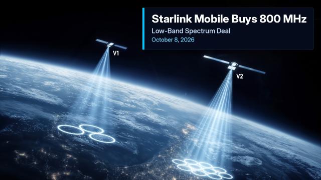 SpaceX illustration of two Starlink Mobile satellites, labeled V1 and V2, beaming coverage cells down to Earth at night, with a plate reading "Starlink Mobile Buys 800 MHz, Low-Band Spectrum Deal, October 8, 2026."